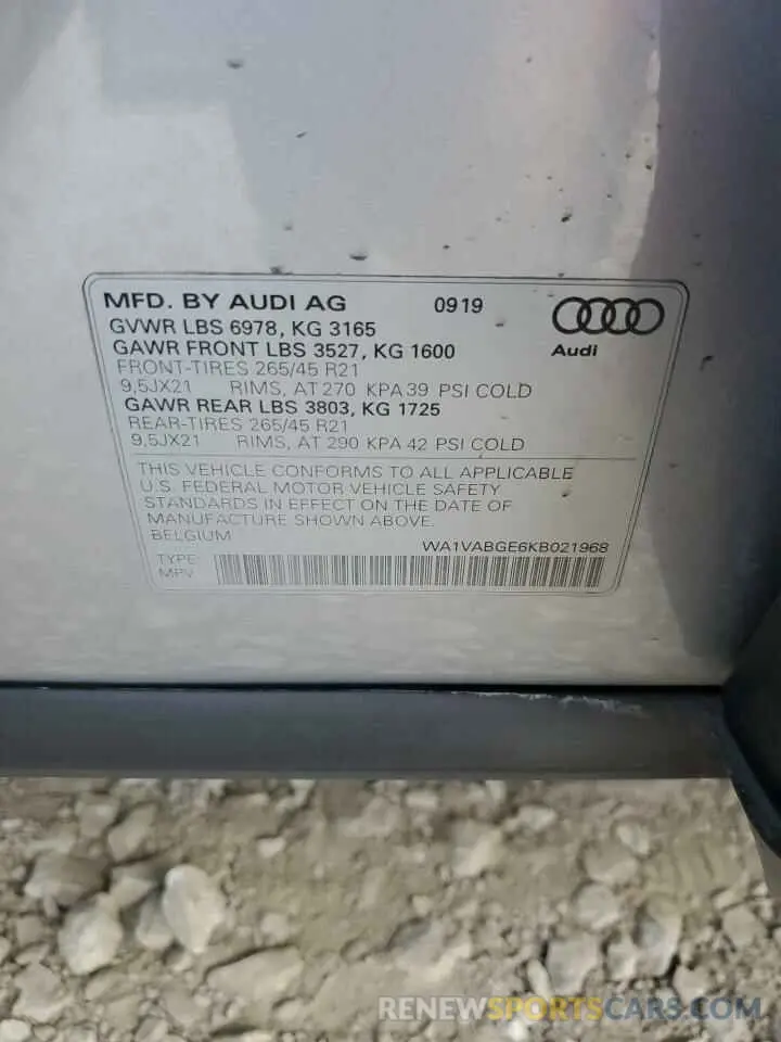 13 Photograph of a damaged car WA1VABGE6KB021968 AUDI E-TRON 2019