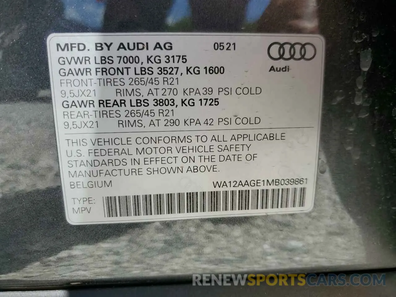 12 Photograph of a damaged car WA12AAGE1MB039861 AUDI E-TRON 2021