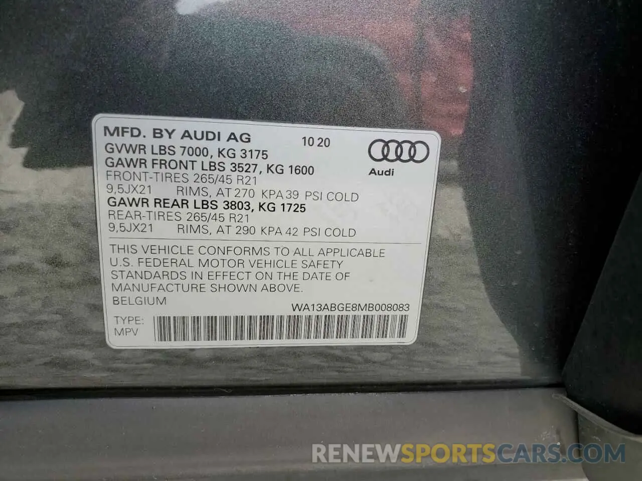 13 Photograph of a damaged car WA13ABGE8MB008083 AUDI E-TRON 2021