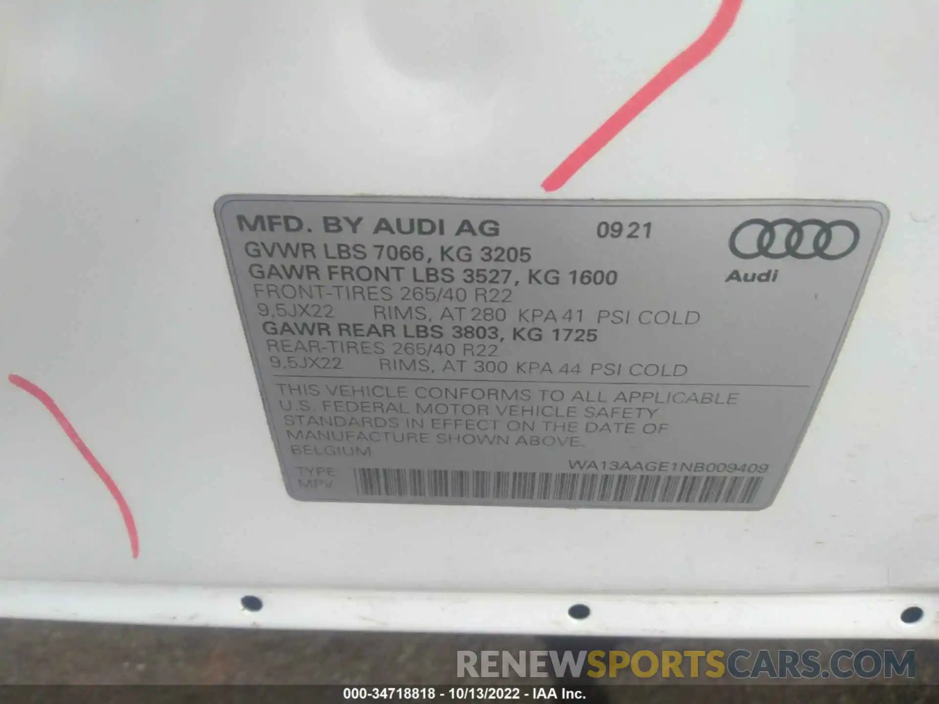 9 Photograph of a damaged car WA13AAGE1NB009409 AUDI E-TRON SPORTBACK 2022