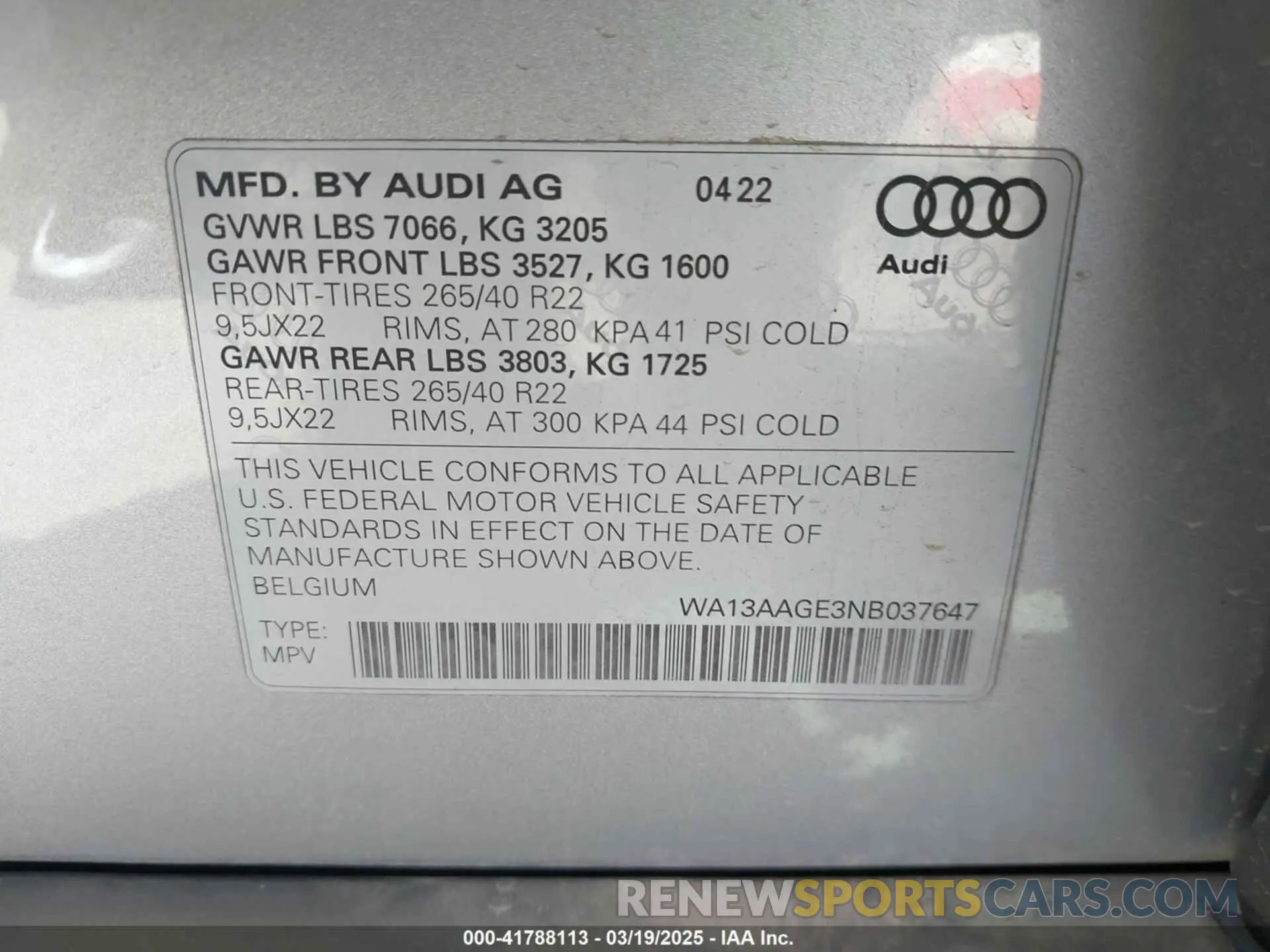 9 Photograph of a damaged car WA13AAGE3NB037647 AUDI E-TRON SPORTBACK 2022