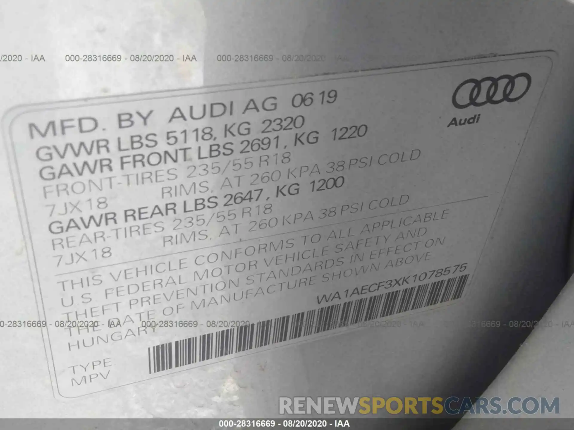 9 Photograph of a damaged car WA1AECF3XK1078575 AUDI Q3 2019