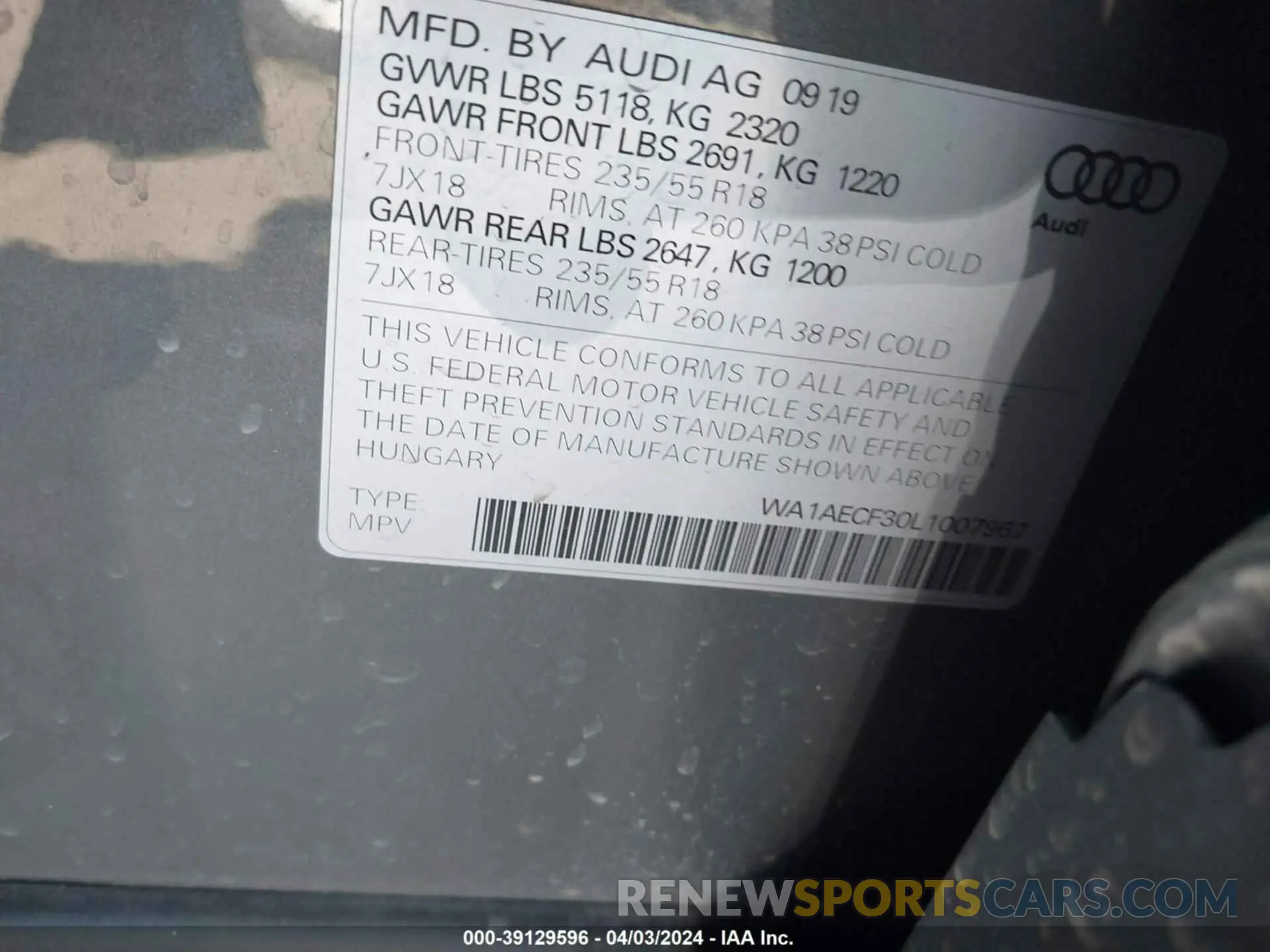 9 Photograph of a damaged car WA1AECF30L1007967 AUDI Q3 2020