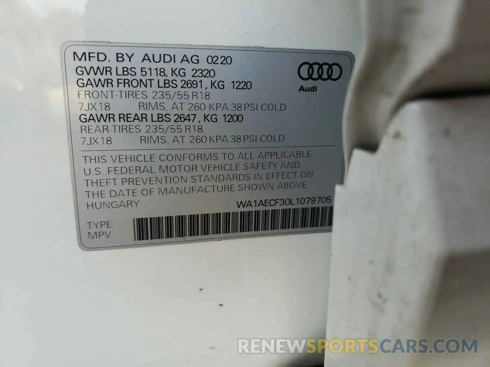 10 Photograph of a damaged car WA1AECF30L1079705 AUDI Q3 2020