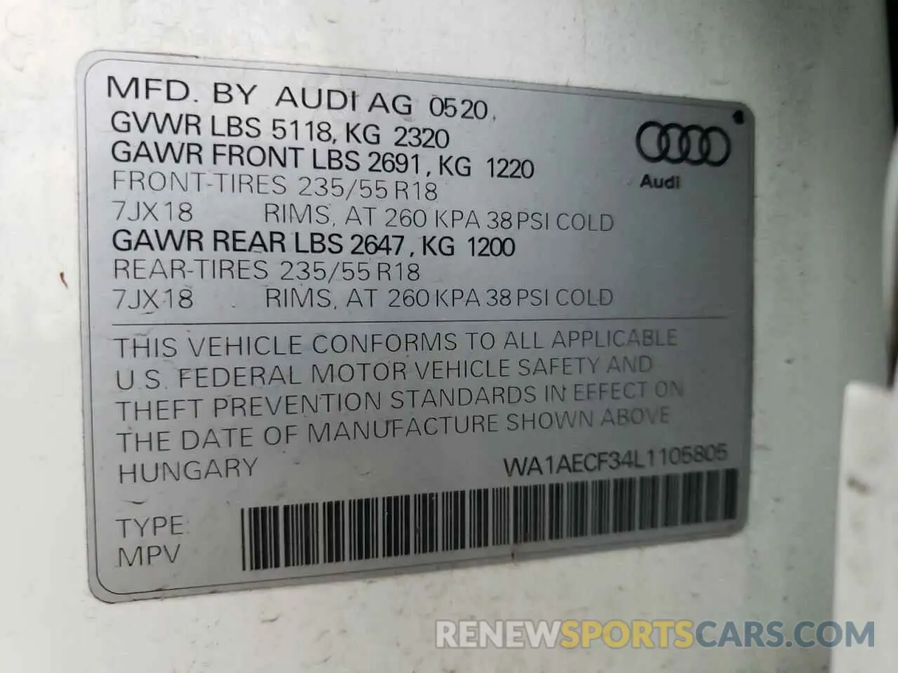 15 Photograph of a damaged car WA1AECF34L1105805 AUDI Q3 2020