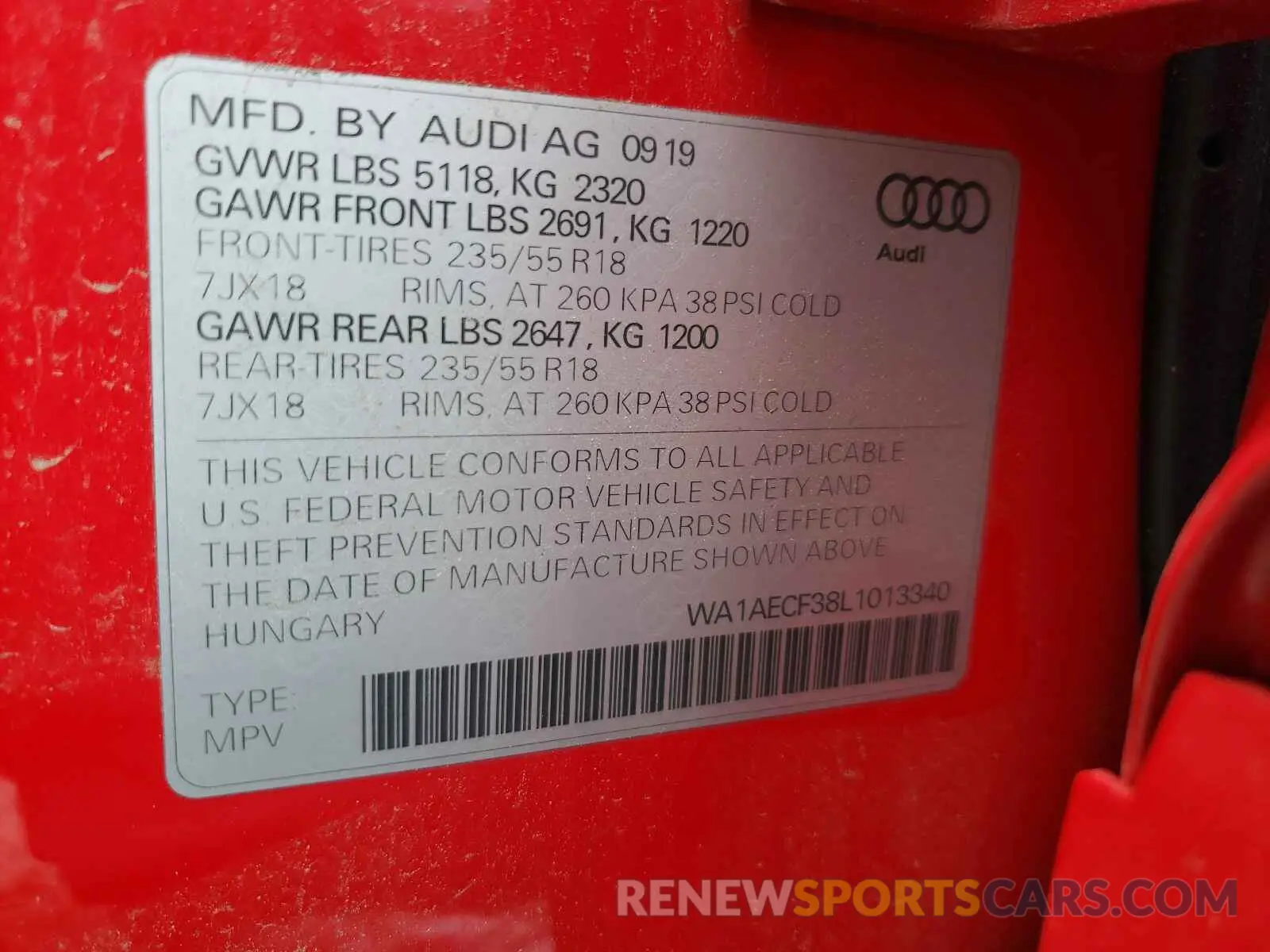 10 Photograph of a damaged car WA1AECF38L1013340 AUDI Q3 2020