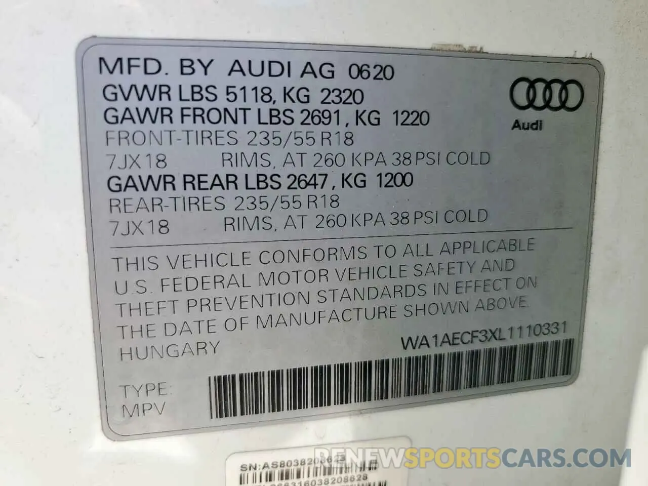 13 Photograph of a damaged car WA1AECF3XL1110331 AUDI Q3 2020