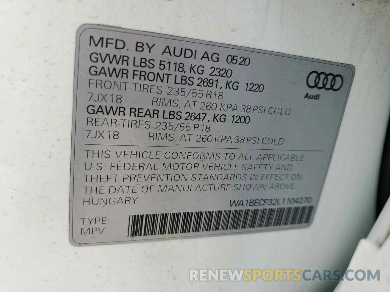13 Photograph of a damaged car WA1BECF32L1104270 AUDI Q3 2020