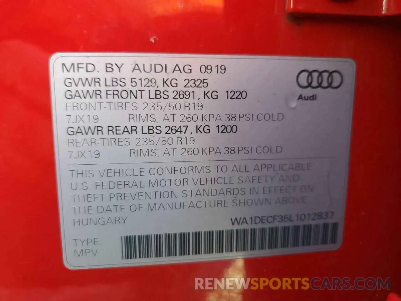 14 Photograph of a damaged car WA1DECF35L1012837 AUDI Q3 2020