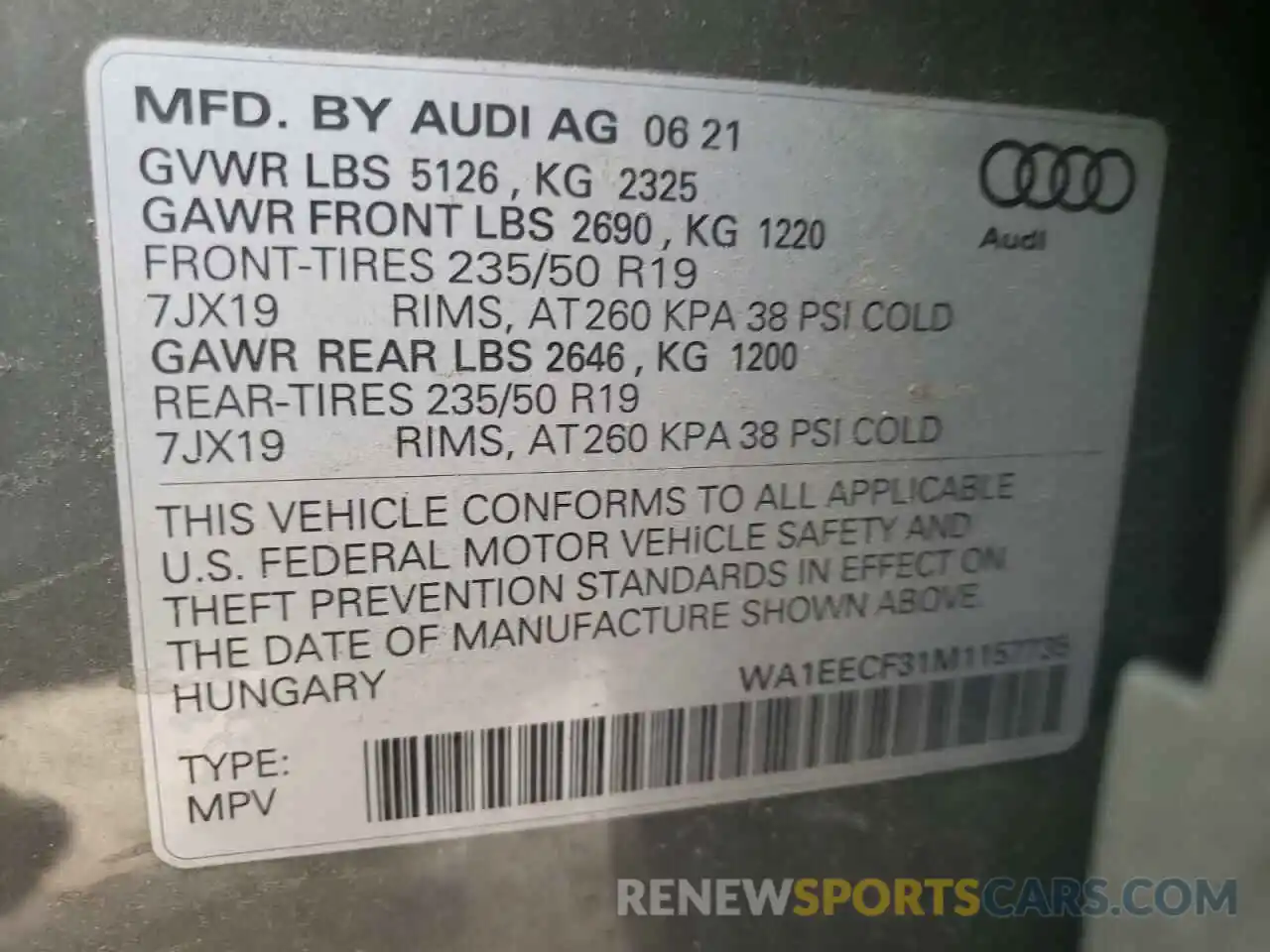 10 Photograph of a damaged car WA1EECF31M1157735 AUDI Q3 2021