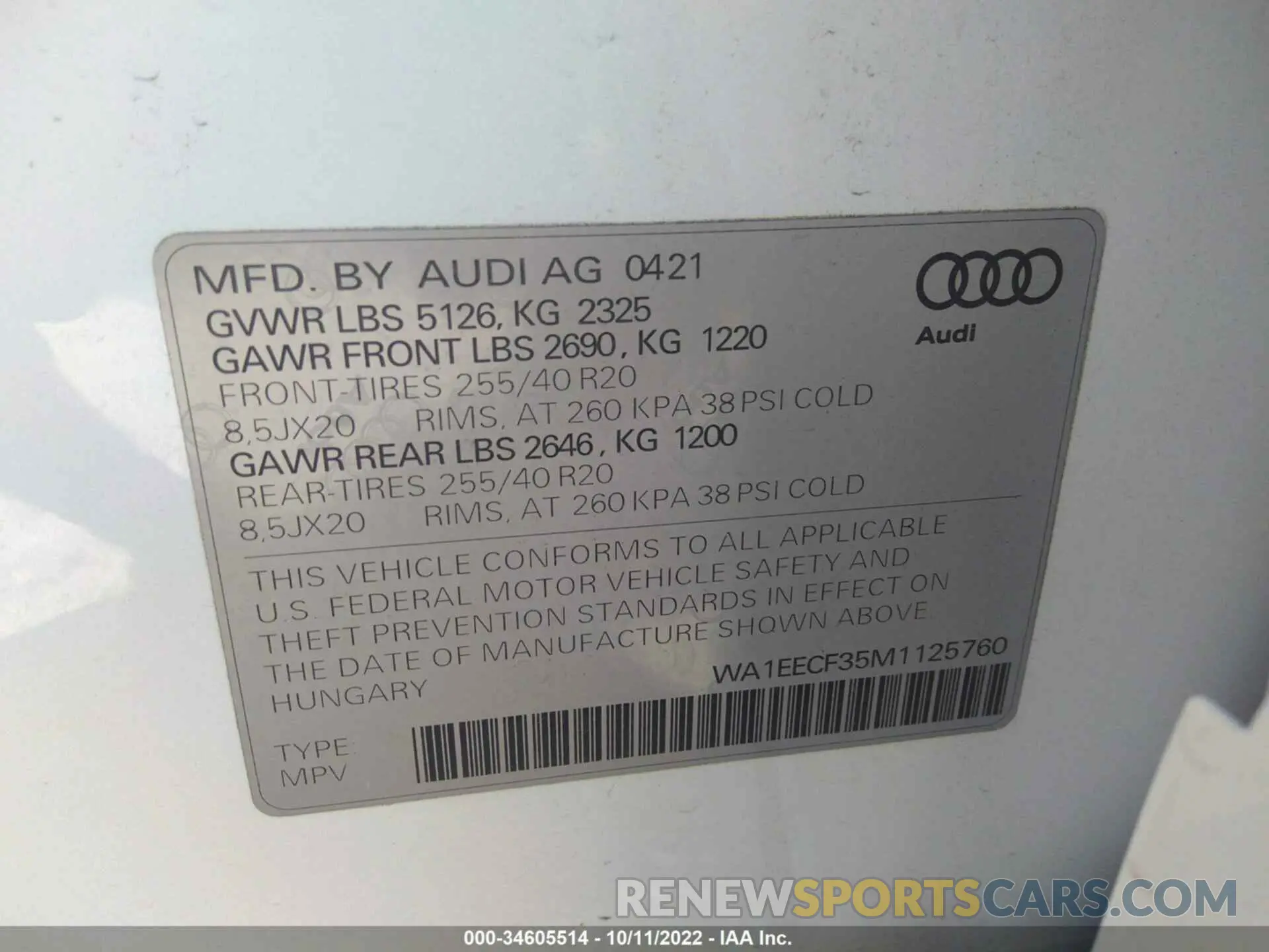 9 Photograph of a damaged car WA1EECF35M1125760 AUDI Q3 2021