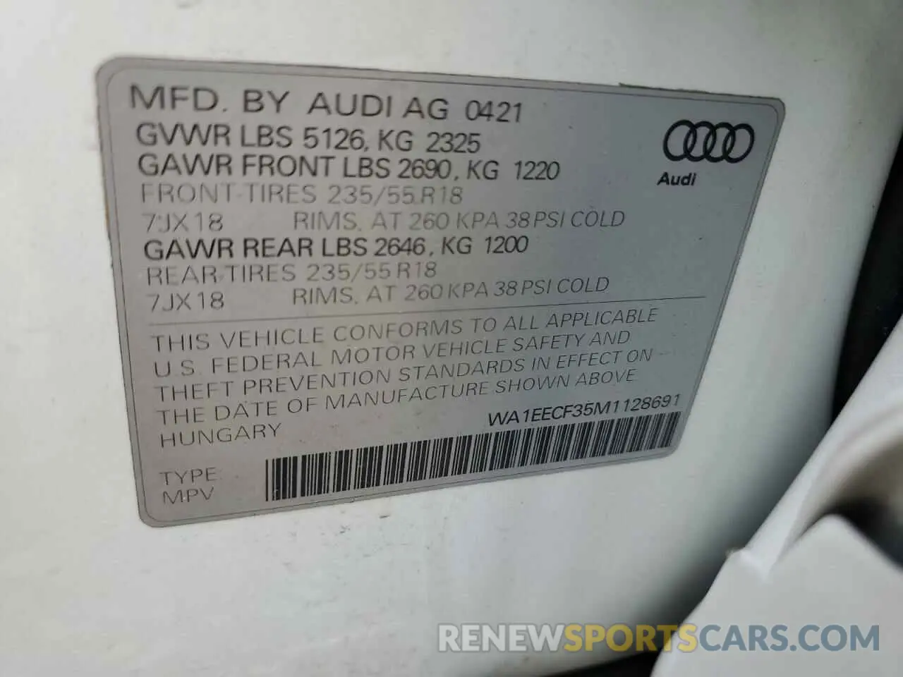 14 Photograph of a damaged car WA1EECF35M1128691 AUDI Q3 2021