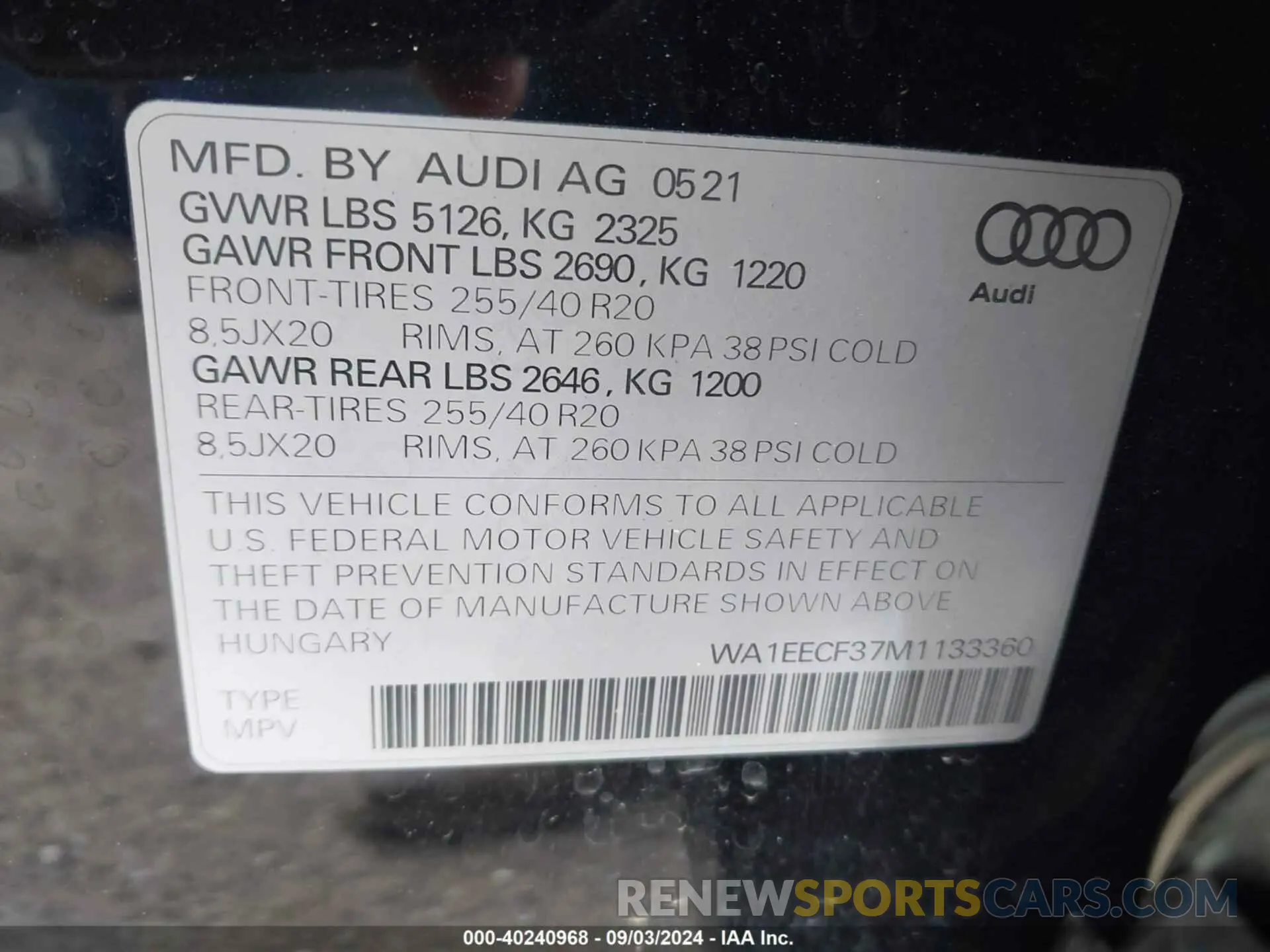 9 Photograph of a damaged car WA1EECF37M1133360 AUDI Q3 2021