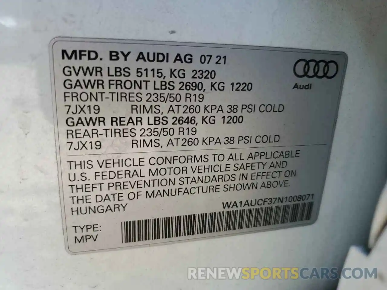 10 Photograph of a damaged car WA1AUCF37N1008071 AUDI Q3 2022