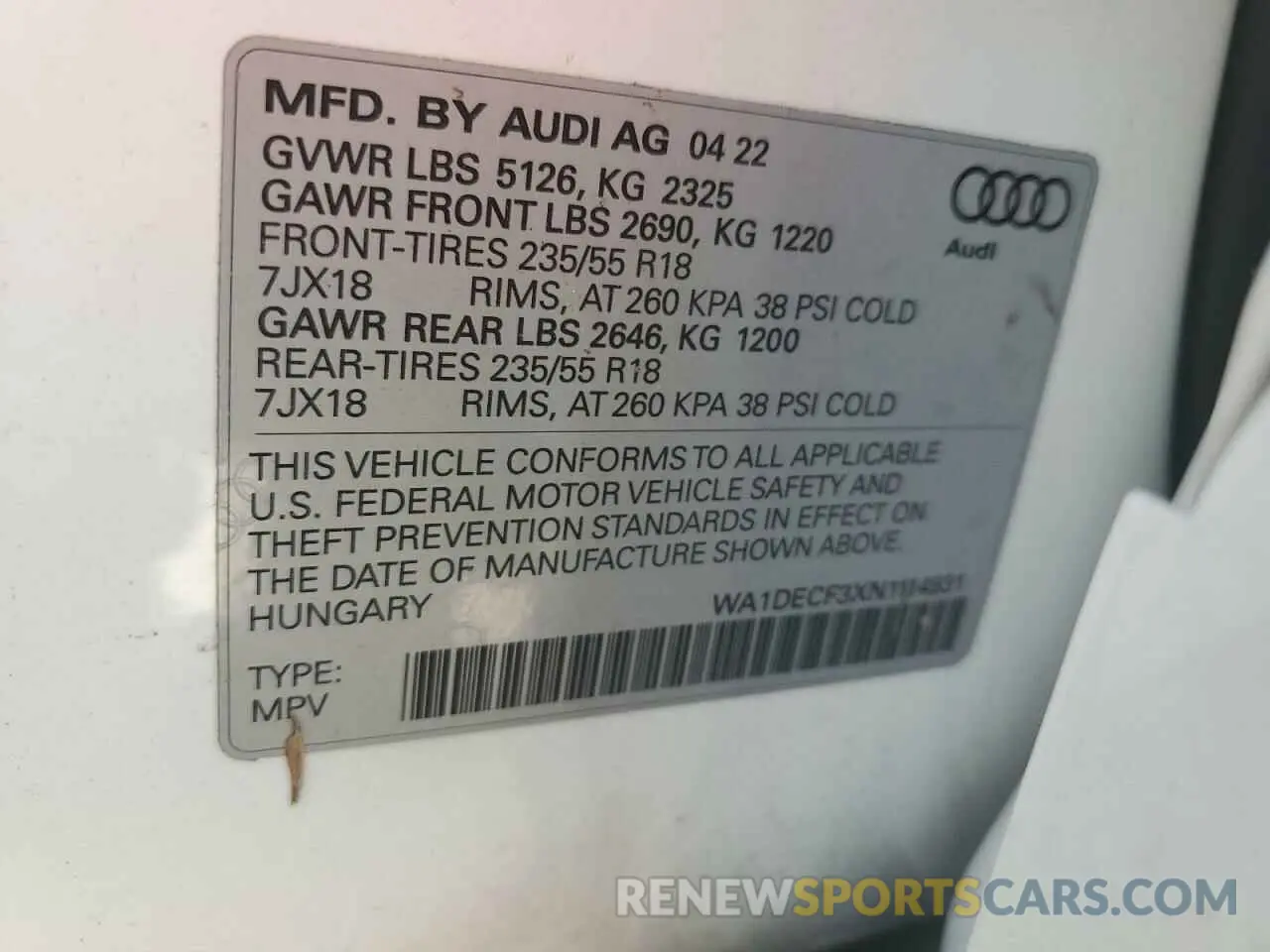 14 Photograph of a damaged car WA1DECF3XN1114931 AUDI Q3 2022
