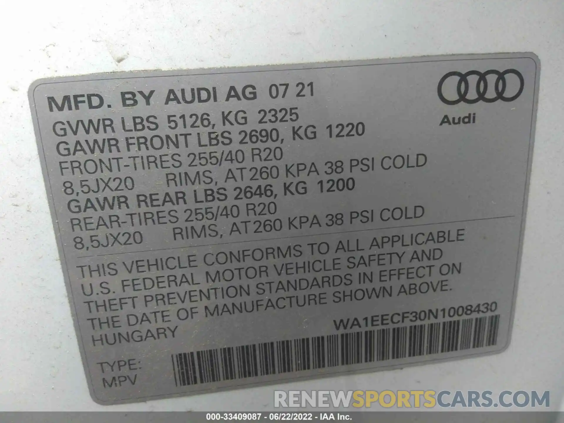 9 Photograph of a damaged car WA1EECF30N1008430 AUDI Q3 2022