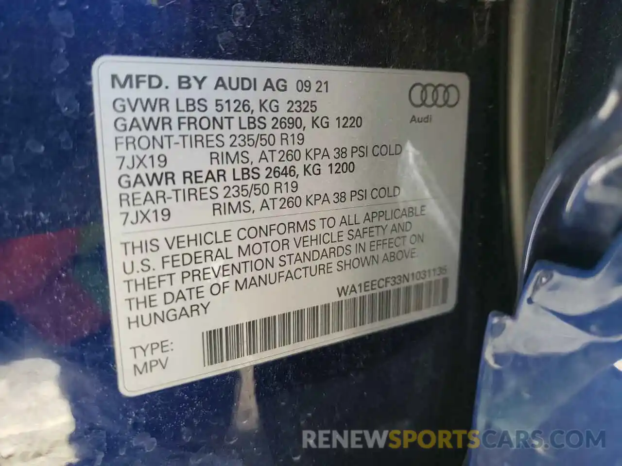 10 Photograph of a damaged car WA1EECF33N1031135 AUDI Q3 2022