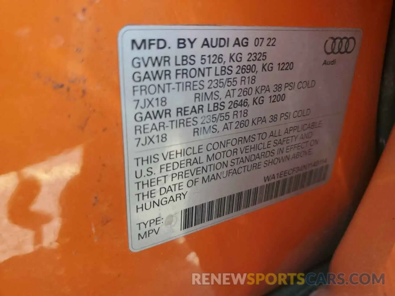 13 Photograph of a damaged car WA1EECF34N1149114 AUDI Q3 2022