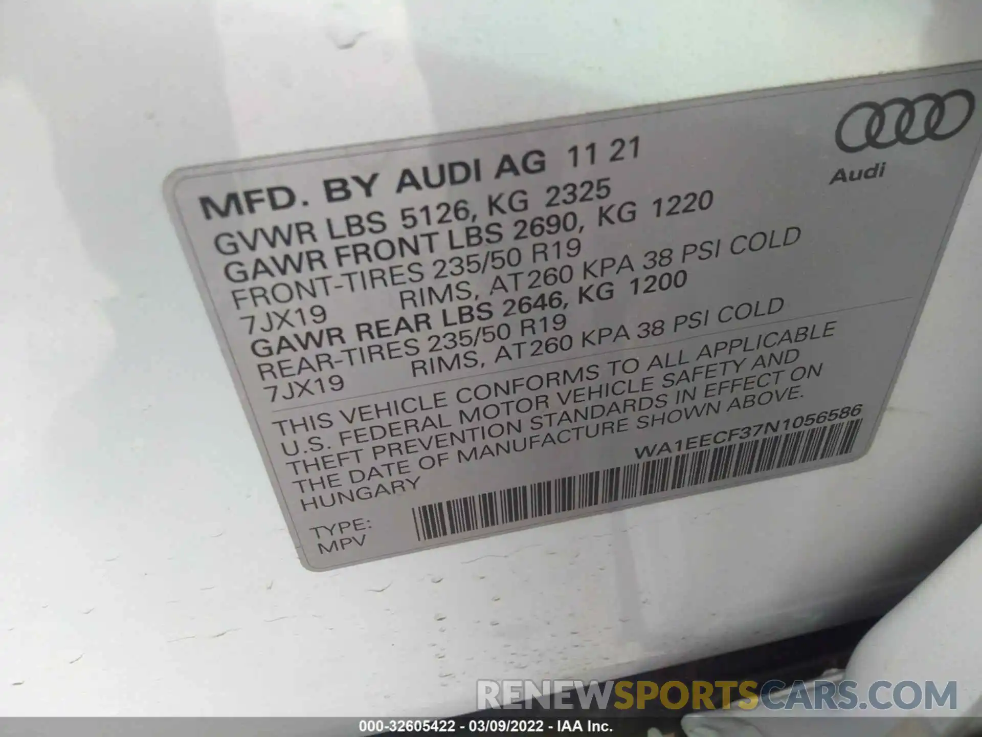 9 Photograph of a damaged car WA1EECF37N1056586 AUDI Q3 2022