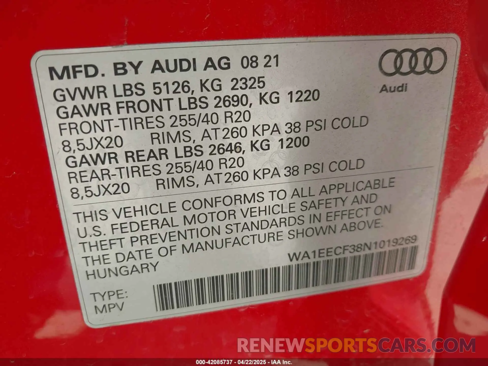 9 Photograph of a damaged car WA1EECF38N1019269 AUDI Q3 2022