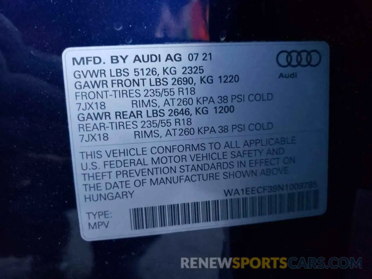 10 Photograph of a damaged car WA1EECF39N1009785 AUDI Q3 2022