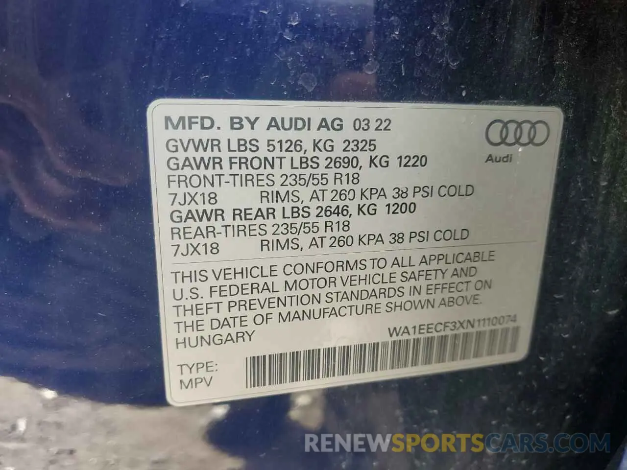 13 Photograph of a damaged car WA1EECF3XN1110074 AUDI Q3 2022