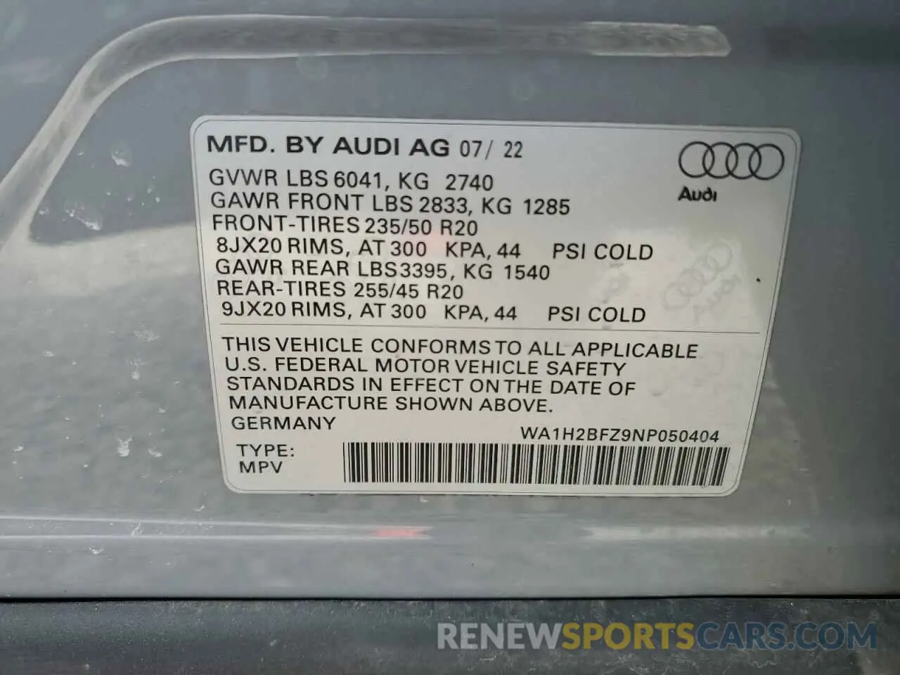 14 Photograph of a damaged car WA1H2BFZ9NP050404 AUDI Q4 E-TRON 2022