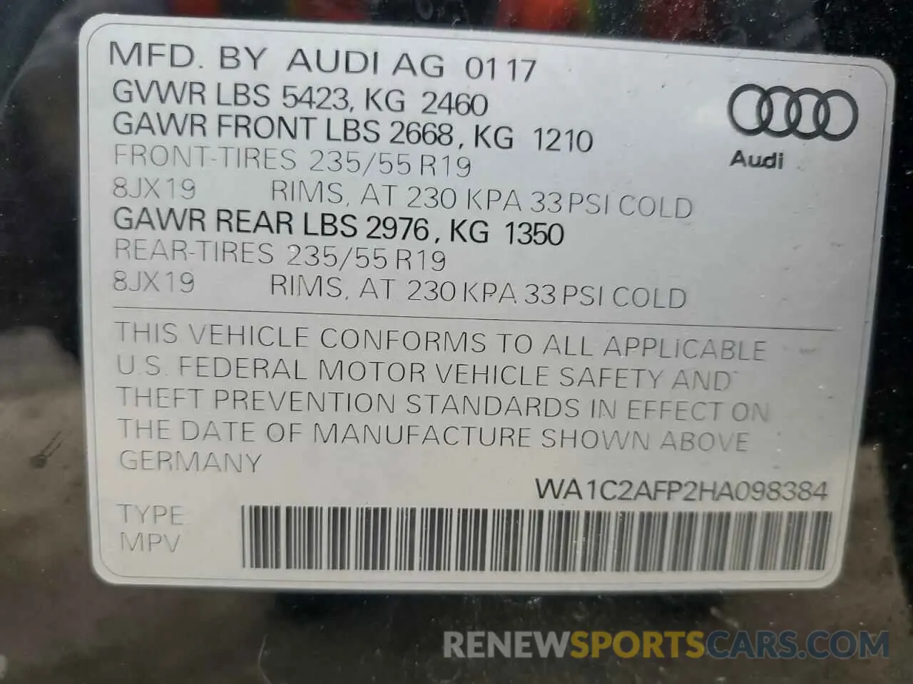14 Photograph of a damaged car WA1C2AFP2HA098384 AUDI Q5 2017