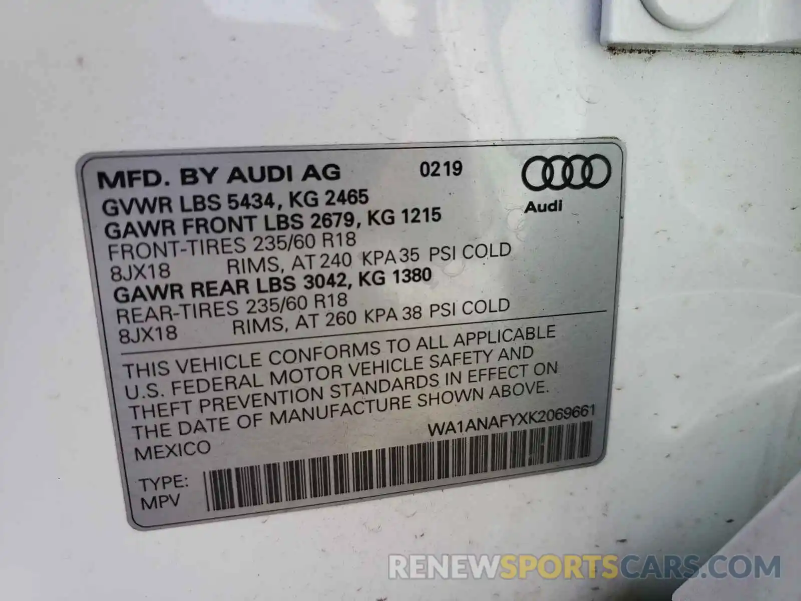 10 Photograph of a damaged car WA1ANAFYXK2069661 AUDI Q5 2019