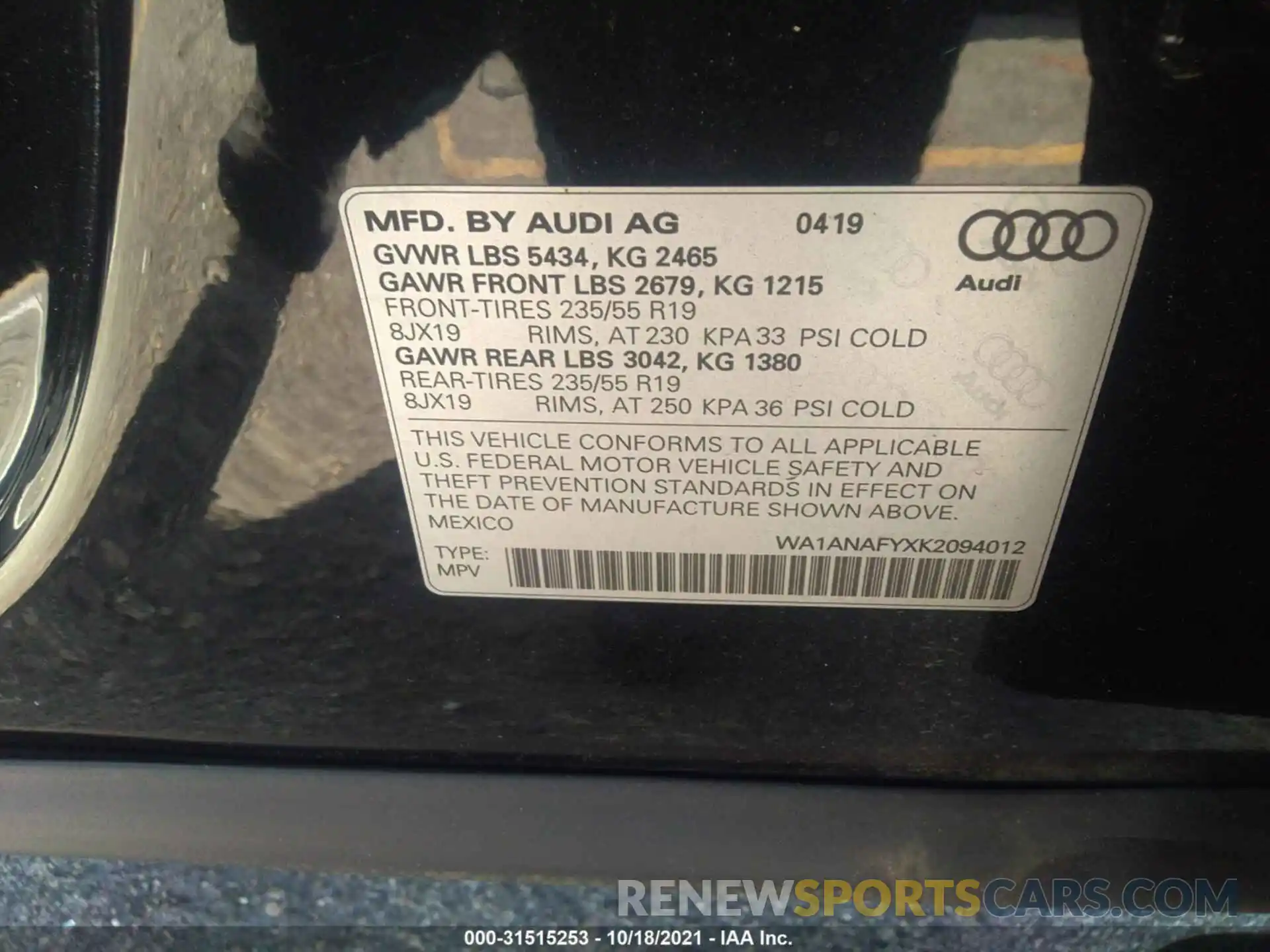 9 Photograph of a damaged car WA1ANAFYXK2094012 AUDI Q5 2019