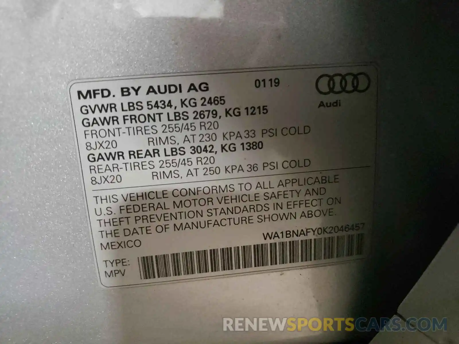 10 Photograph of a damaged car WA1BNAFY0K2046457 AUDI Q5 2019