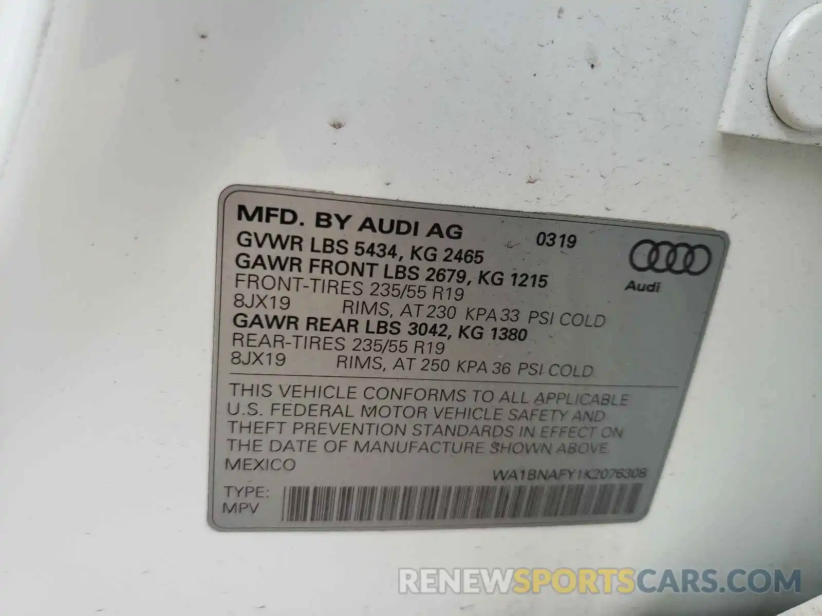 10 Photograph of a damaged car WA1BNAFY1K2076308 AUDI Q5 2019