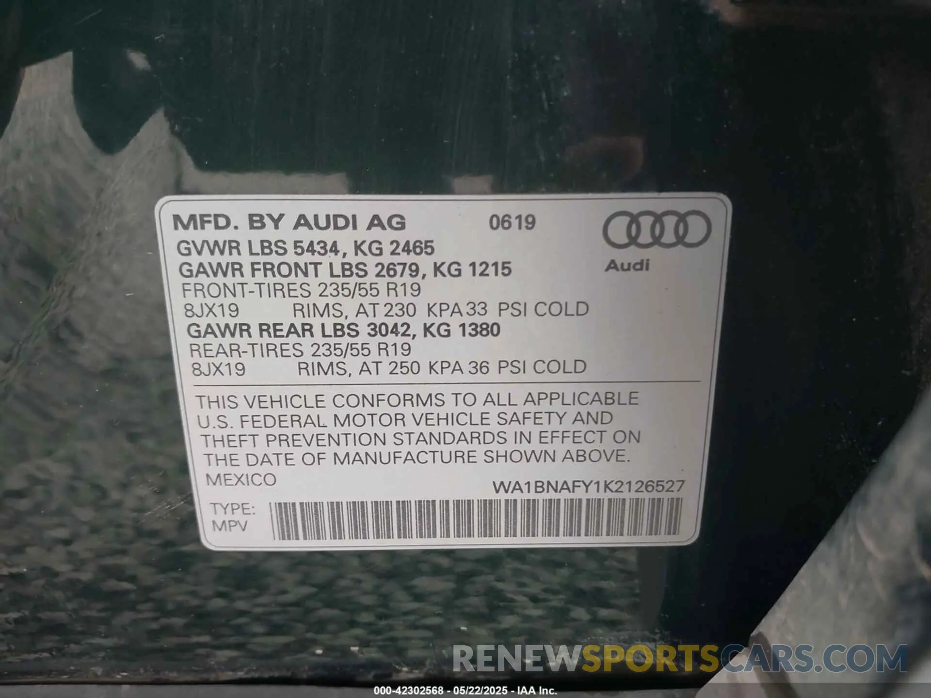 9 Photograph of a damaged car WA1BNAFY1K2126527 AUDI Q5 2019