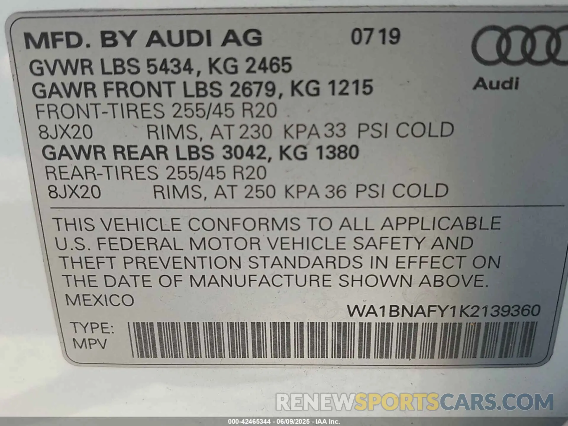 9 Photograph of a damaged car WA1BNAFY1K2139360 AUDI Q5 2019
