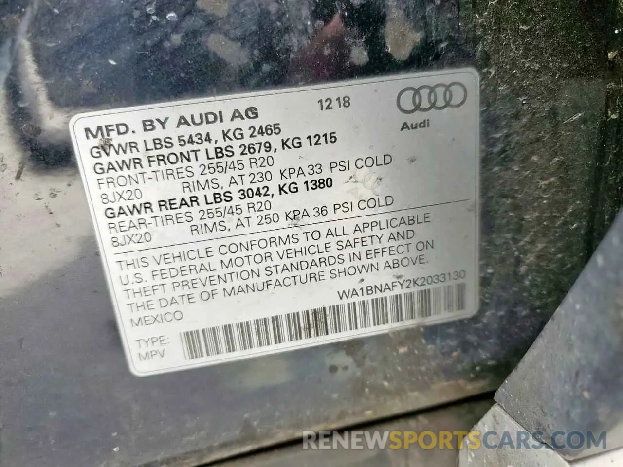 13 Photograph of a damaged car WA1BNAFY2K2033130 AUDI Q5 2019