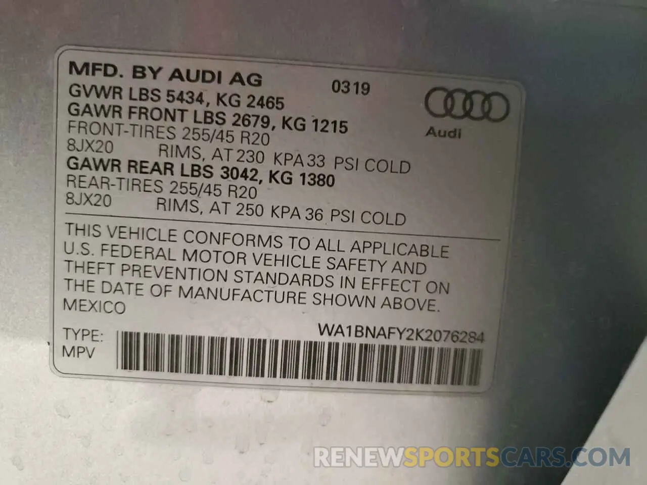 12 Photograph of a damaged car WA1BNAFY2K2076284 AUDI Q5 2019