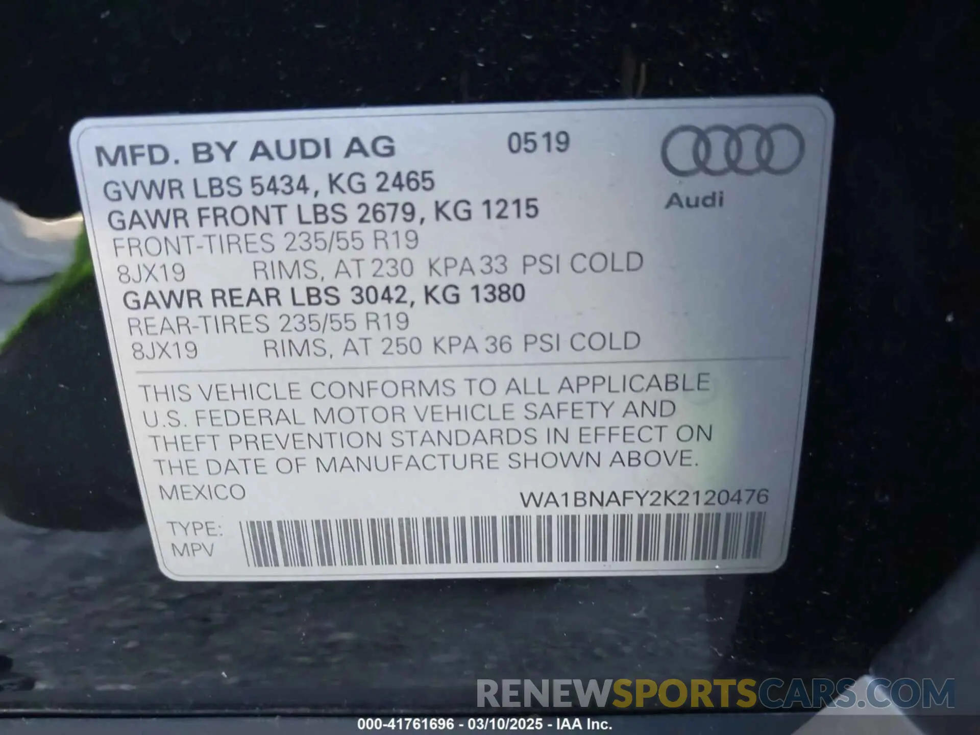 9 Photograph of a damaged car WA1BNAFY2K2120476 AUDI Q5 2019