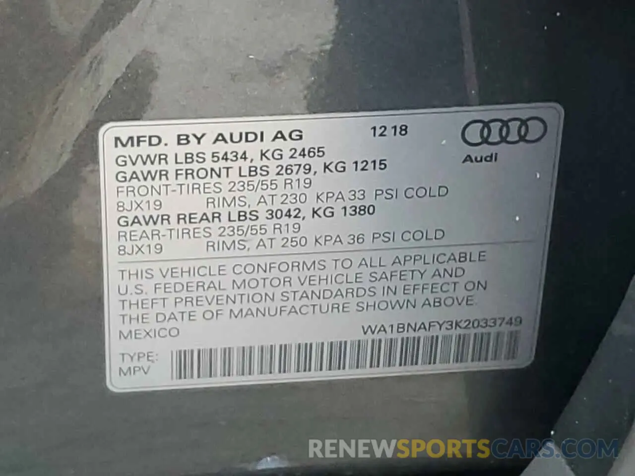 13 Photograph of a damaged car WA1BNAFY3K2033749 AUDI Q5 2019