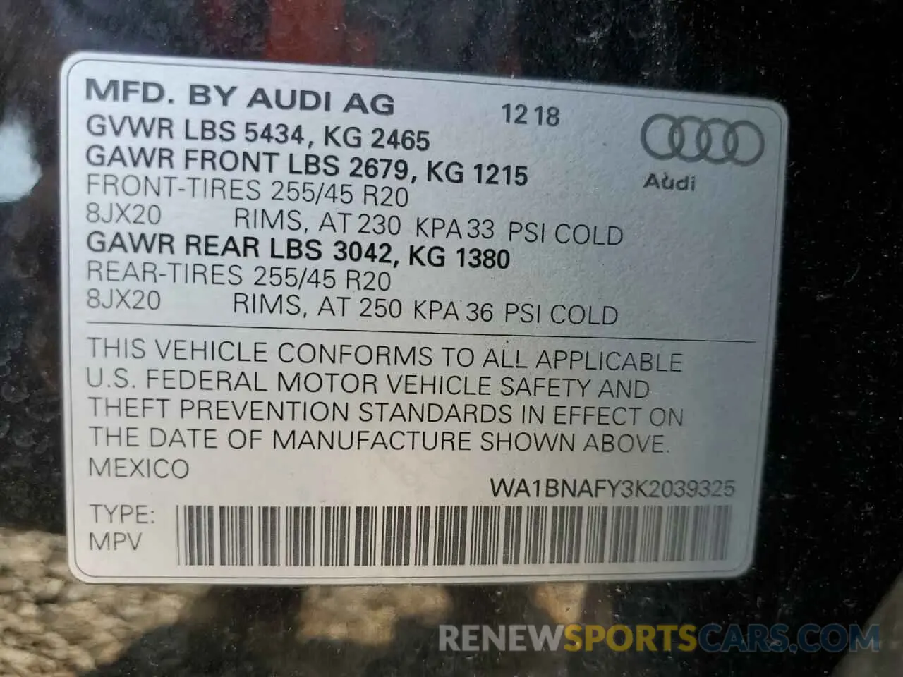 13 Photograph of a damaged car WA1BNAFY3K2039325 AUDI Q5 2019