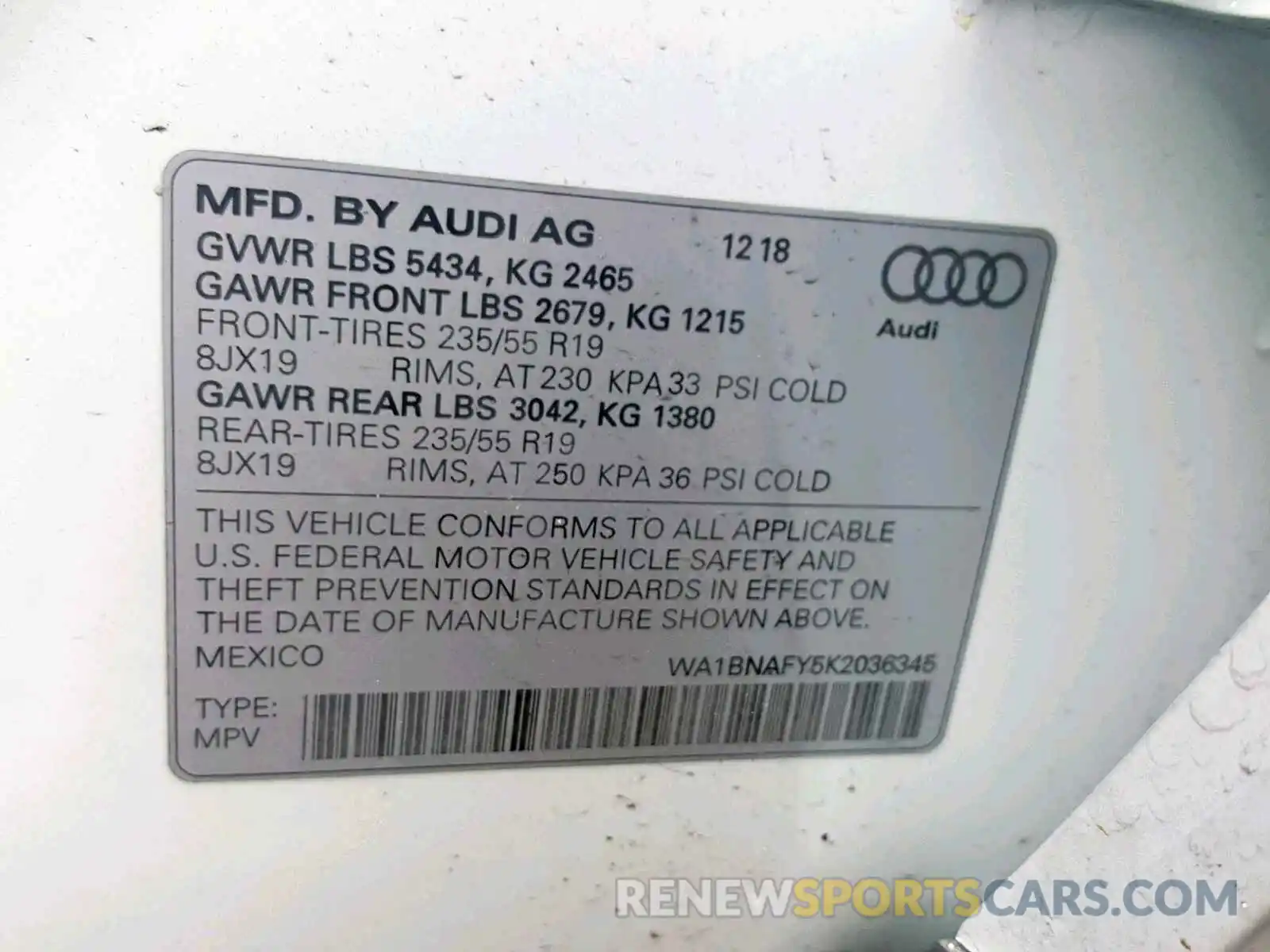 10 Photograph of a damaged car WA1BNAFY5K2036345 AUDI Q5 2019