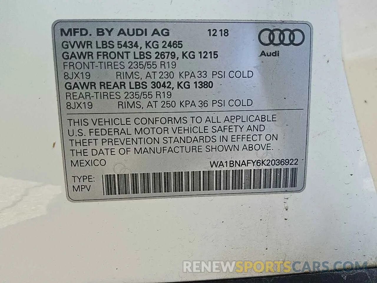 13 Photograph of a damaged car WA1BNAFY6K2036922 AUDI Q5 2019