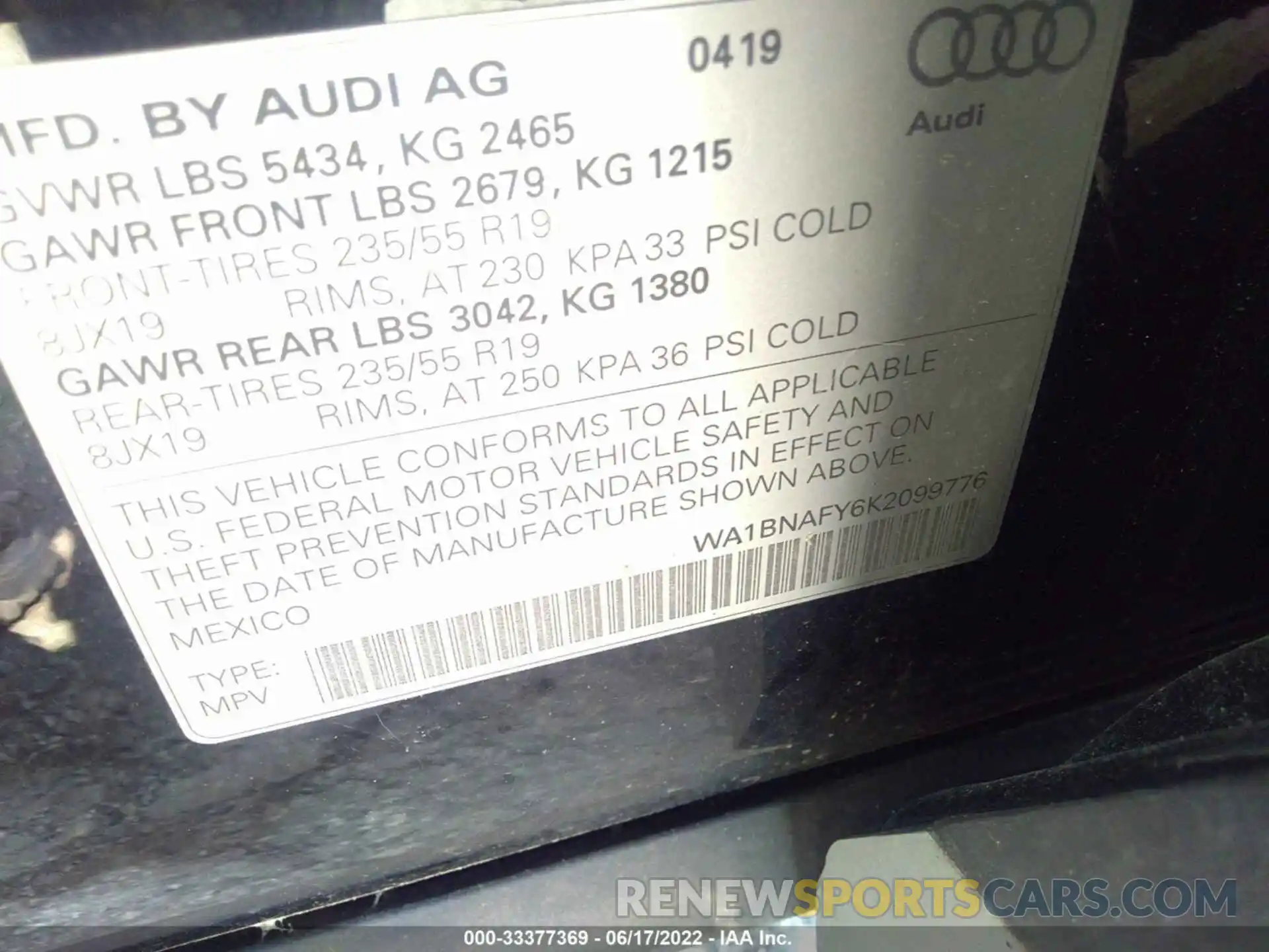 9 Photograph of a damaged car WA1BNAFY6K2099776 AUDI Q5 2019