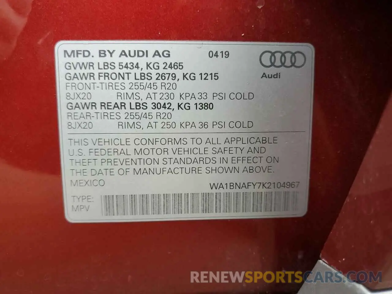 10 Photograph of a damaged car WA1BNAFY7K2104967 AUDI Q5 2019