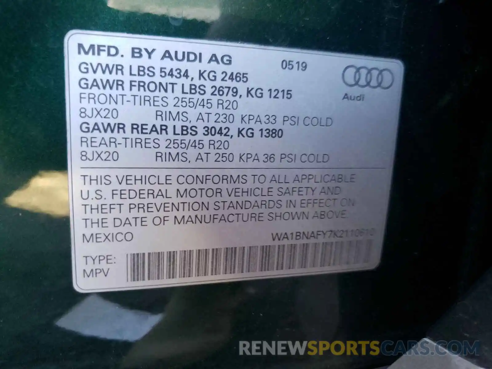 10 Photograph of a damaged car WA1BNAFY7K2110610 AUDI Q5 2019