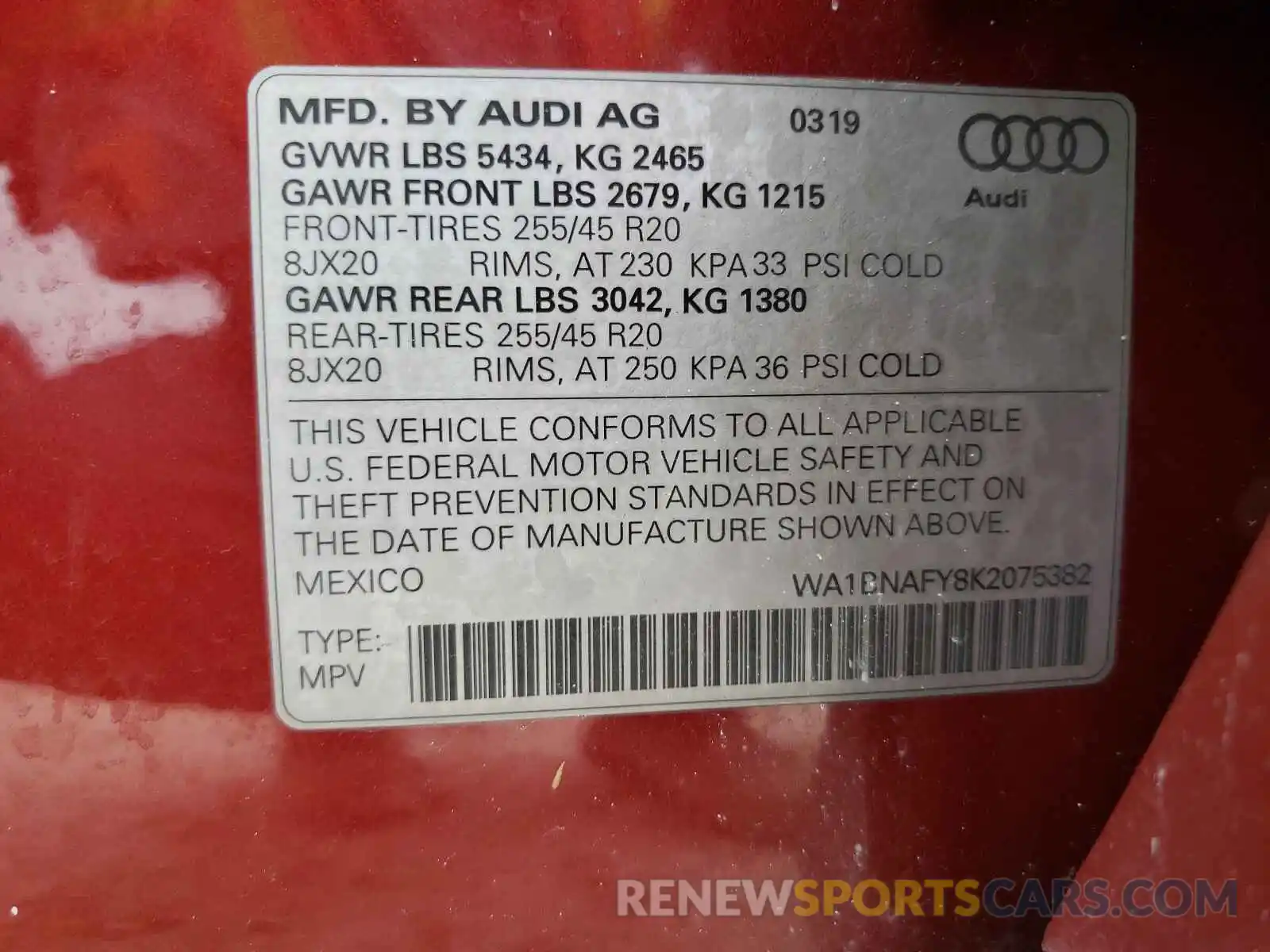 10 Photograph of a damaged car WA1BNAFY8K2075382 AUDI Q5 2019