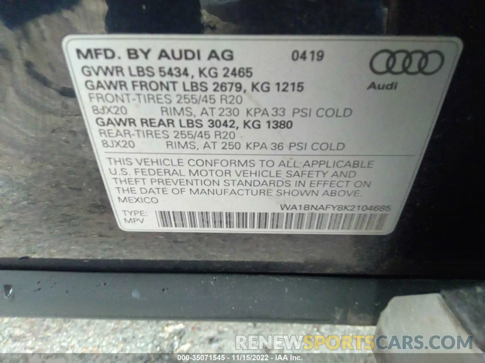 9 Photograph of a damaged car WA1BNAFY8K2104685 AUDI Q5 2019