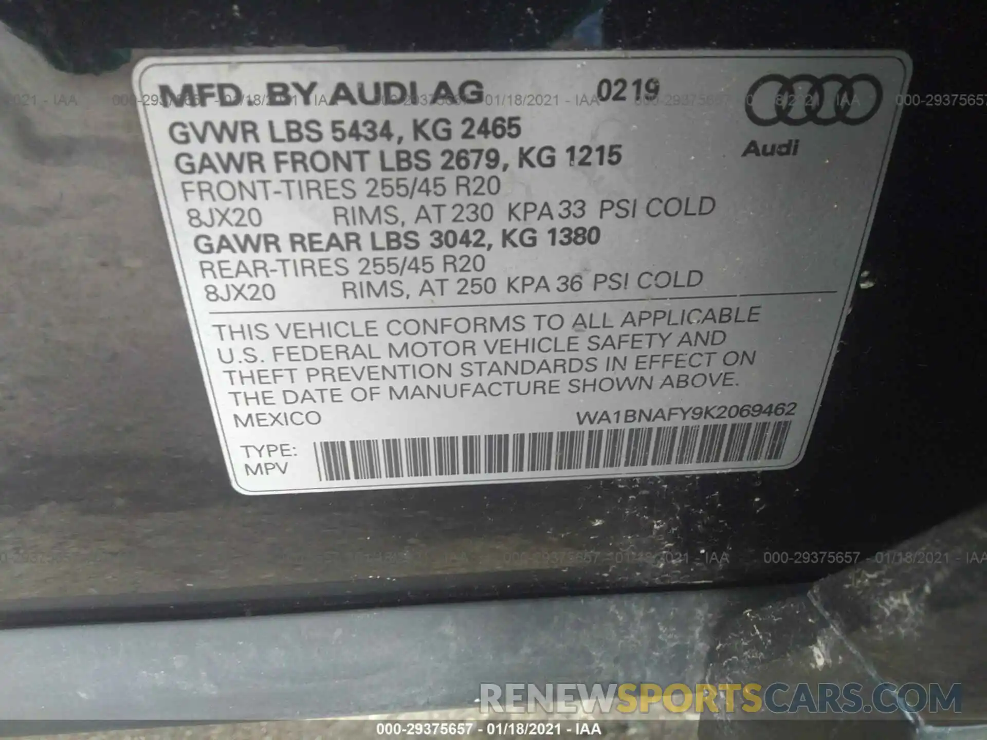 9 Photograph of a damaged car WA1BNAFY9K2069462 AUDI Q5 2019