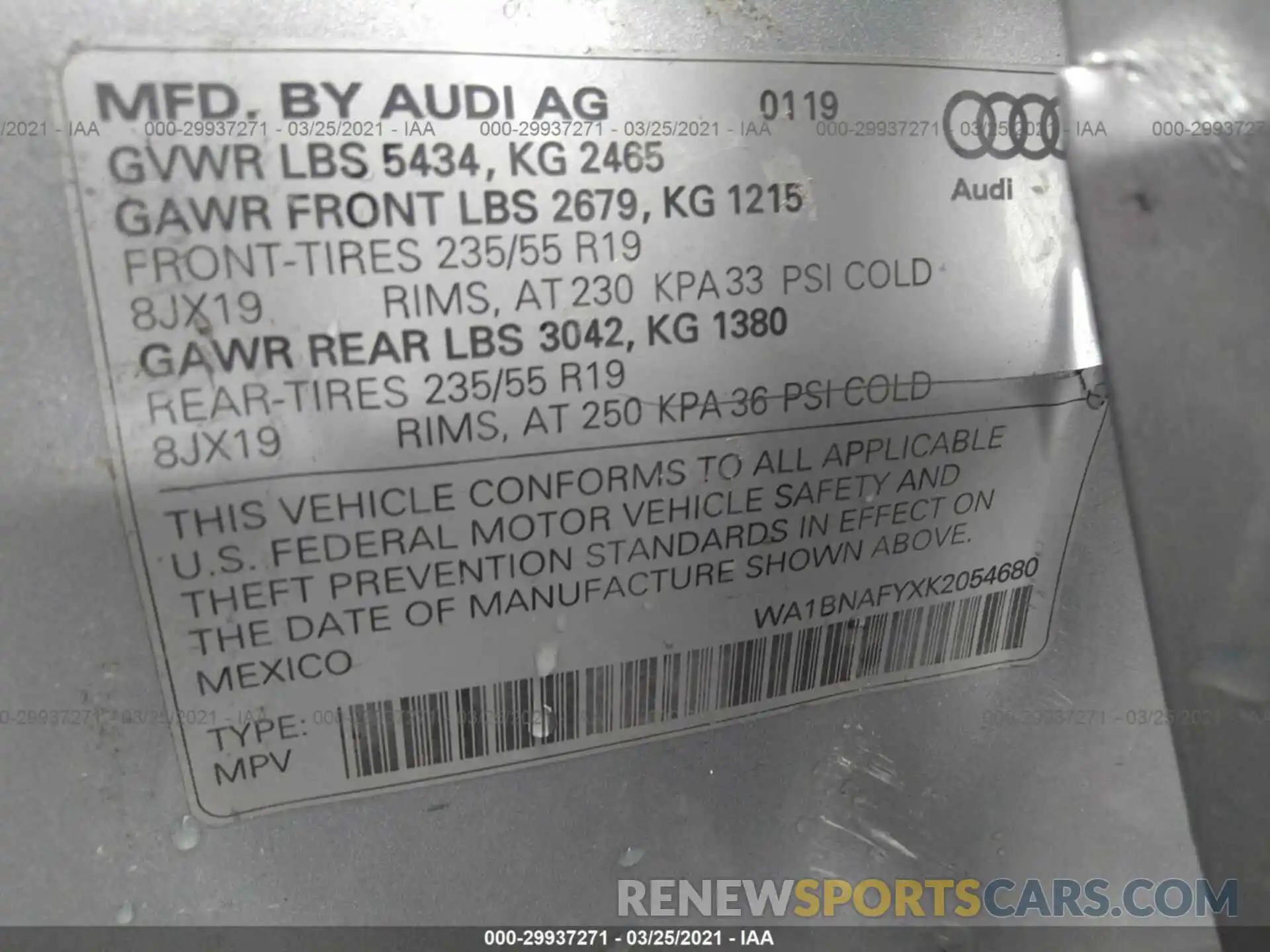 9 Photograph of a damaged car WA1BNAFYXK2054680 AUDI Q5 2019