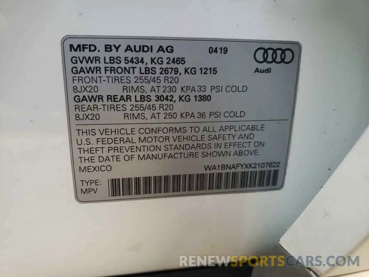 10 Photograph of a damaged car WA1BNAFYXK2107622 AUDI Q5 2019