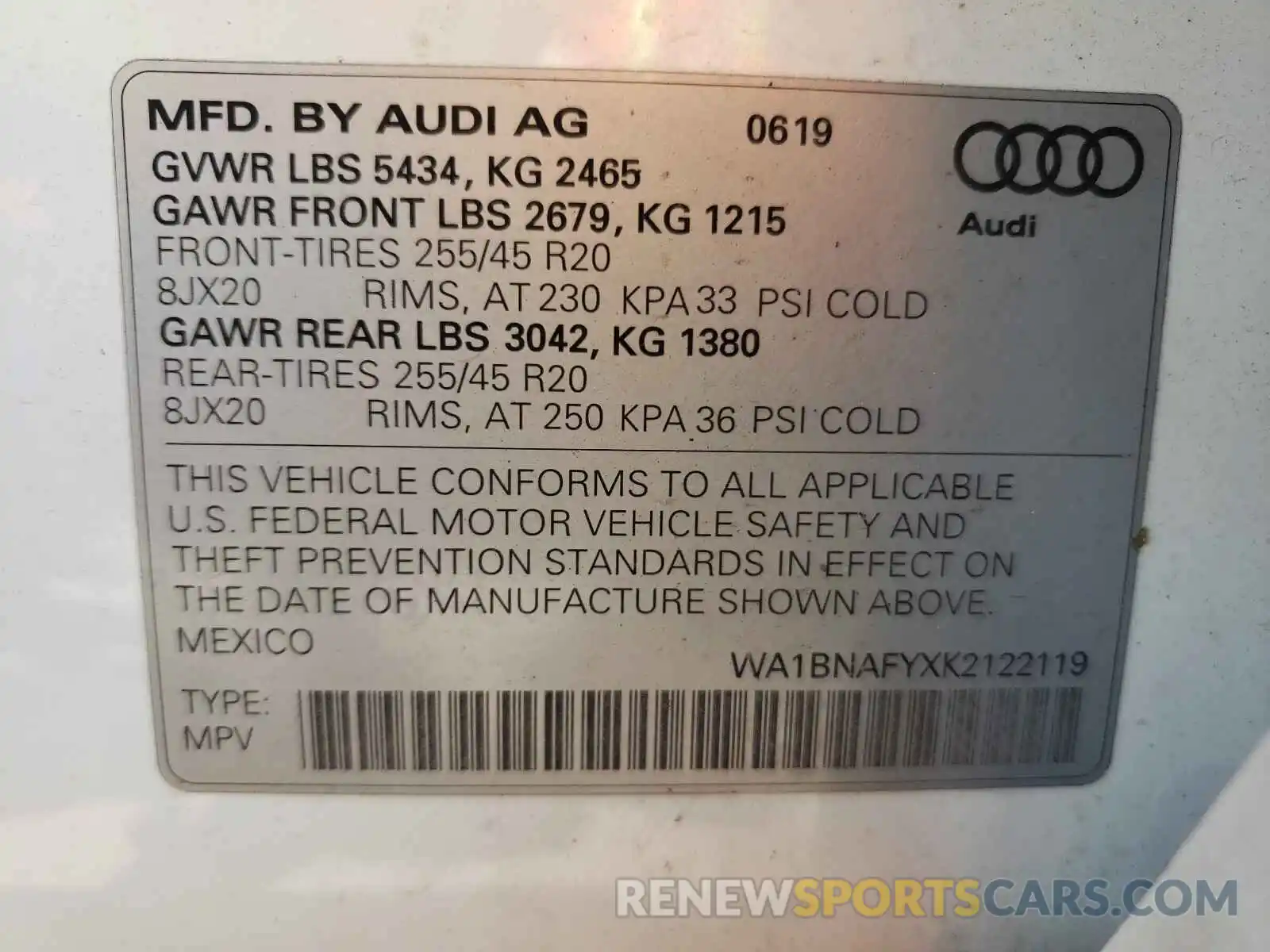 10 Photograph of a damaged car WA1BNAFYXK2122119 AUDI Q5 2019